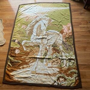 Vintage Unicorn fleece Blanket 70s 80s Reversible fantasy brown